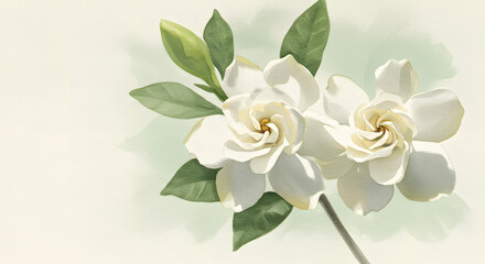 Fototapeta premium White Gardenias Blooming Watercolor Illustration for Elegant Designs, Greeting Cards, and Website Backgrounds