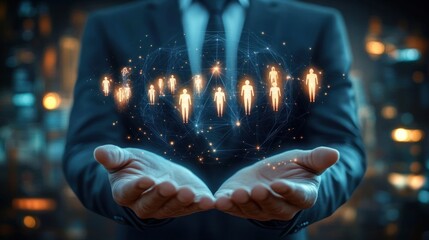 Businessman holding a glowing digital network sphere with human icons representing connection and teamwork in a futuristic city background