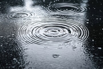 Concentric water ripples spreading across a dark reflective surface with droplets causing circular waves, evoking calm and delicate natural movement