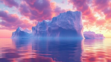 Large icebergs floating in calm ocean water under a vibrant pink and purple sunset sky with reflective water surface