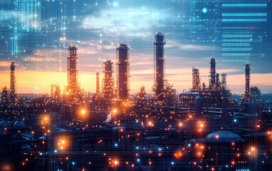 Fototapeta premium Industrial refinery complex at sunset with glowing digital data overlays representing technological integration and futuristic industry
