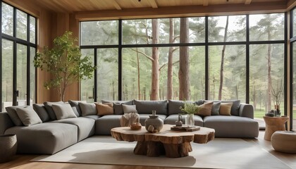 Fototapeta premium Modern Sectional Sofa in Minimalist Living Room with Forest View