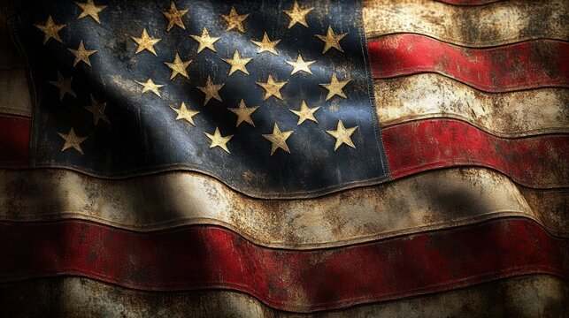 worn and tattered american flag with faded stars and stripes under dramatic lighting conveying a sense of age and resilience