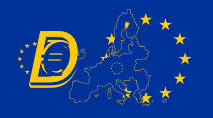 D€ as D-Euro, Euro as digital currency, smooth simplified map outline silhouette of the European Union, EU