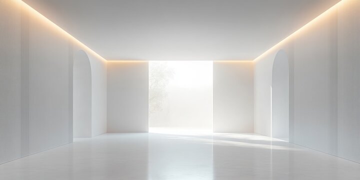 Minimalist empty white room with smooth floor, two symmetrical arched doorways, soft natural light from large rectangular window, warm ceiling light strip emitting a calm atmosphere
