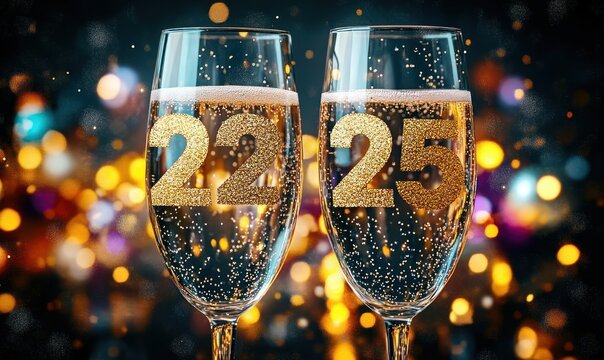 Two champagne glasses filled with sparkling beverage with golden glitter numbers 22 and 25, festive bright bokeh background celebrating a special countdown or event