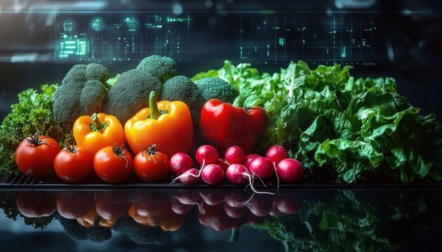 Fresh vegetables including tomatoes, yellow and red bell peppers, broccoli, radishes, lettuce, and leafy greens arranged on a reflective surface with digital data overlay