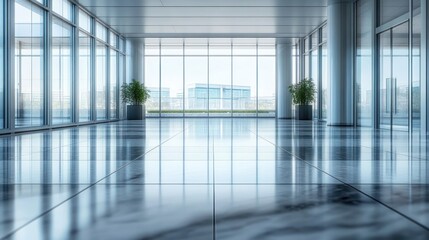 Spacious modern office hallway with large floor-to-ceiling glass windows, reflective polished marble floor, and green potted plants near the window