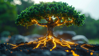 Futuristic Bio-Tech Tree:  Nature Meets Technology in Stunning AI Art