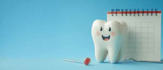 Happy tooth character with dental tools in front of monthly calendar. Promoting dental checkup appointment reminder and oral care concept.