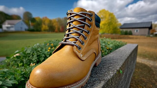 Close up of the front part of a leather boot on an autumn background