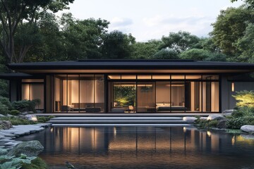 Fototapeta premium Modern, minimalist house with a tranquil water feature.