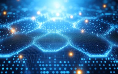 Close-up of glowing hexagonal digital grid pattern with sparkling particles and floating light points in blue and orange hues conveying futuristic technology
