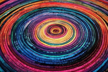 Colorful concentric circles pattern of layered threads.