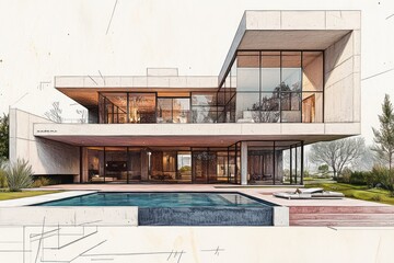 Modern architectural design drawing of a luxury home.