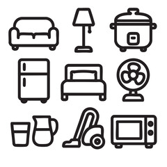 Cozy furniture and appliances in simple design, including sofa, lamp, and refrigerator