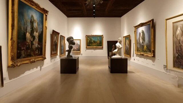 Elegant Art Gallery with Classical Paintings in Gold Frames Sculptures on Dark Pedestals Serene Ambiance Light Walls and Wooden Floor Pan Shot