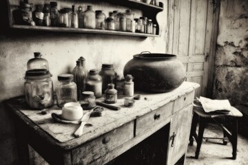 Antique apothecary. Dusty bottles and jars on a worn table