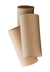 Side view of three tissue paper cores or toilet paper tubes after used out of paper in stack isolated with clipping path in png file format