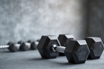 Close-up of black hexagonal dumbbells on a gray surface. Fitness equipment.