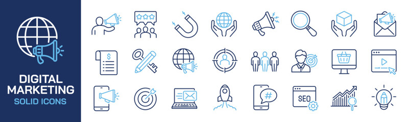Set of collection line icons related digital marketing, promotion, advertising. Editable stroke. Perfect pixel on transparent background