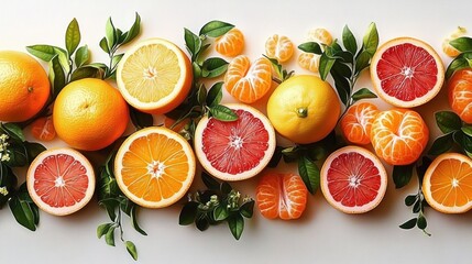 Fresh assorted citrus fruits including whole and halved grapefruits, oranges, and peeled mandarin segments arranged with green leaves on a white background