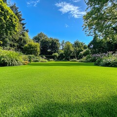 Obraz premium Lush green lawn, vibrant garden, sunny day