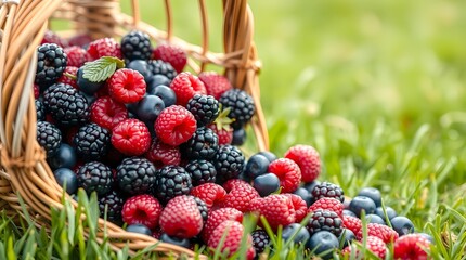 A vibrant mix of fresh ripe strawberries blueberries raspberries and blackberries. food concept