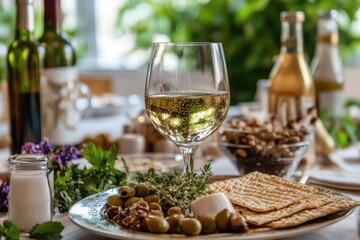 A festive table setting with wine, appetizers, and matzah.