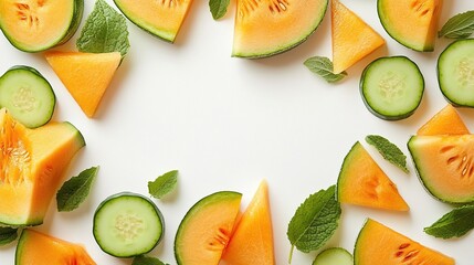 Fresh melon and cucumber slices arranged in a frame