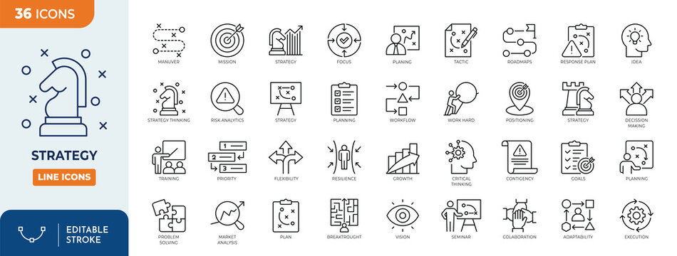 Strategy icon set. Outline Icon Collection. Editable stroke. Vector illustration	