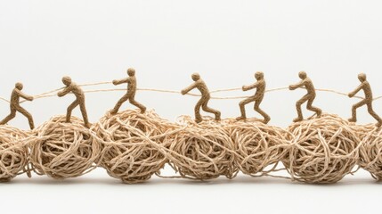 Miniature figures pulling on ropes tangled in yarn, symbolizing teamwork amidst complexity.