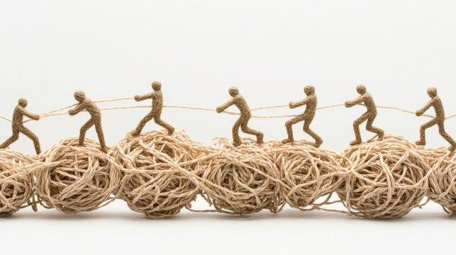 Miniature figures pulling on ropes tangled in yarn, symbolizing teamwork amidst complexity.