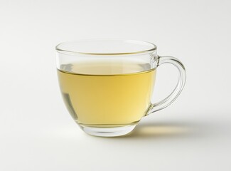 A clear glass cup filled with light yellow tea
