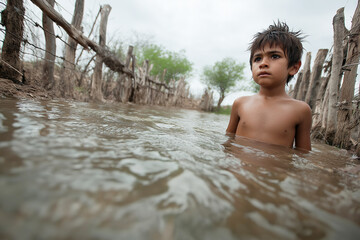 Fototapeta premium Young boy standing in shallow water, surrounded by a rustic wooden fence and sparse greenery, reflecting a serene yet challenging environment of nature and childhood