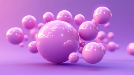 Glossy pink spheres of various sizes floating and clustered against a soft purple background with reflective surfaces conveying a futuristic and serene atmosphere