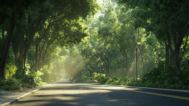 Sunlight path through trees on a paved road
