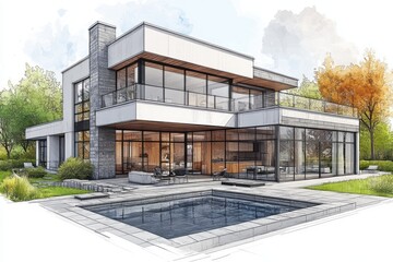 Modern house design with a large swimming pool.