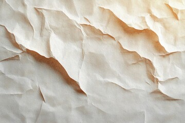 Close-up of crumpled and wrinkled beige paper textured surface with light shadows and slight warm tones