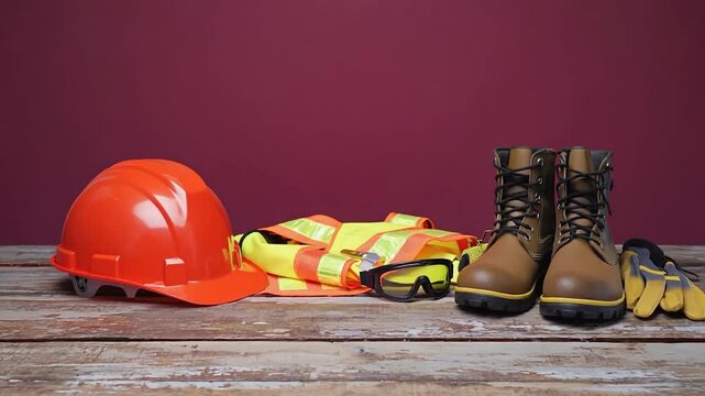 Safety equipment set on wooden planks