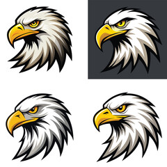 Set of fierce bald eagle head mascot illustrations with sharp yellow beak and intense eyes in vector cartoon style