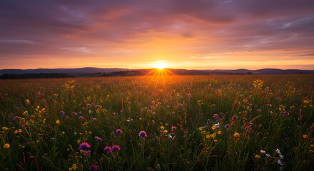 Fototapeta premium Vibrant Wildflower Meadow at Sunrise