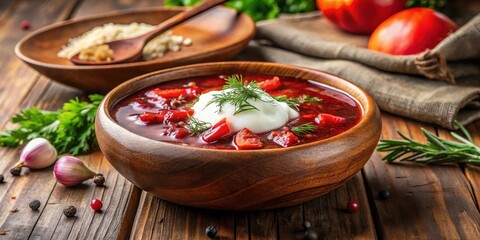 Warm bowl of vibrant borscht soup garnished with a dollop of sour cream and fresh dill in a rustic wooden bowl on a wooden table