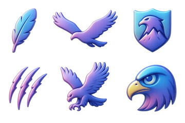 3d y2k eagle icons set – feather, eagle, shield, claw, head, wings. 3D icon set