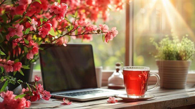 Springtime workspace with laptop tea and flowers