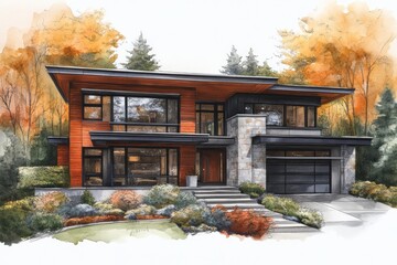 Modern home design illustration with autumnal foliage.