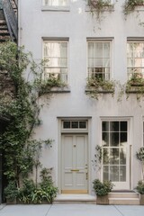 Charming urban facade with green vines in a quiet street during daylight creating a serene atmosphere in a city neighborhood