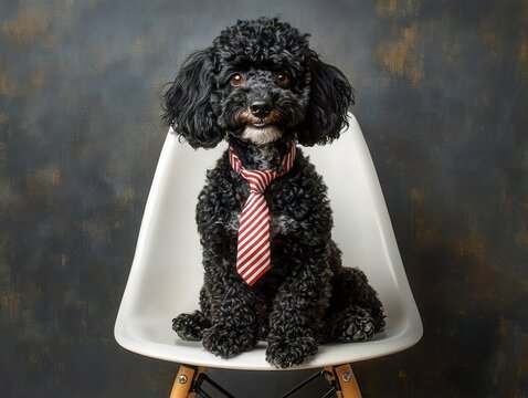 small black curly-haired dog sitting on a white modern chair wearing a red and white striped necktie looking attentively at the camera with a textured dark background - Powered by Adobe