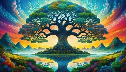 Magical Tree of Life in Fantasy Landscape