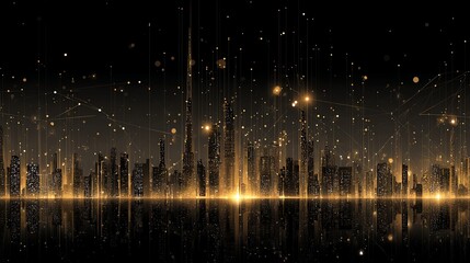 holographic smart city skyline with golden data streams, communication lines, glowing dots, futuristic dark atmosphere